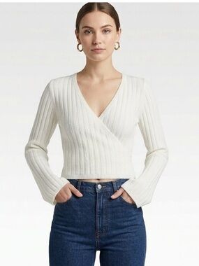 OU Balletcore Crossover Creme Ribbed Crop Sweater Size Small